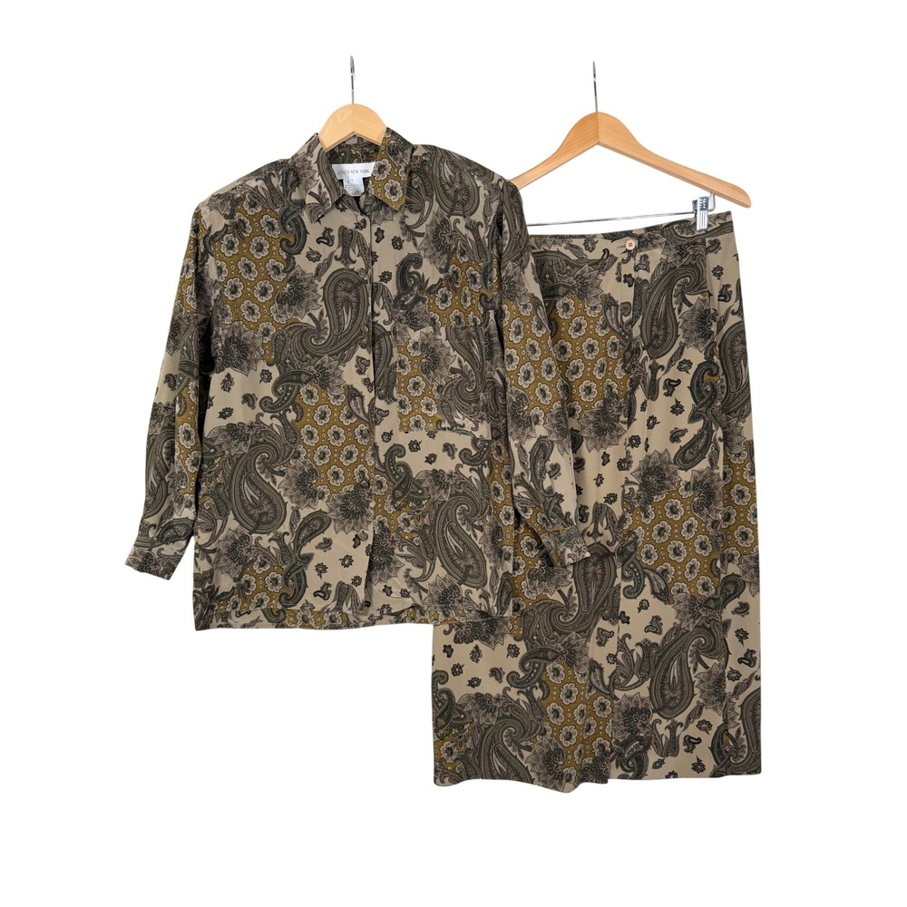 VTG Jones New York 100% Silk Blouse Skirt Brown Paisley 100% Silk 2 Piece Set